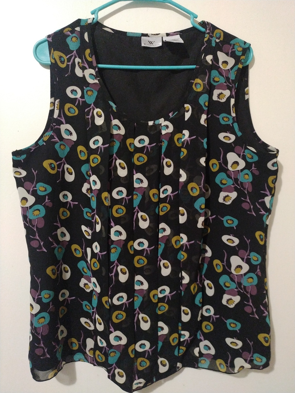 Worthington Black Pleated Front Blouse with Teal and Mustard Accents